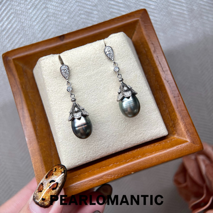 [618 Sale] Tahitian Black Baroque Pearl Flower Cap Drop Earrings