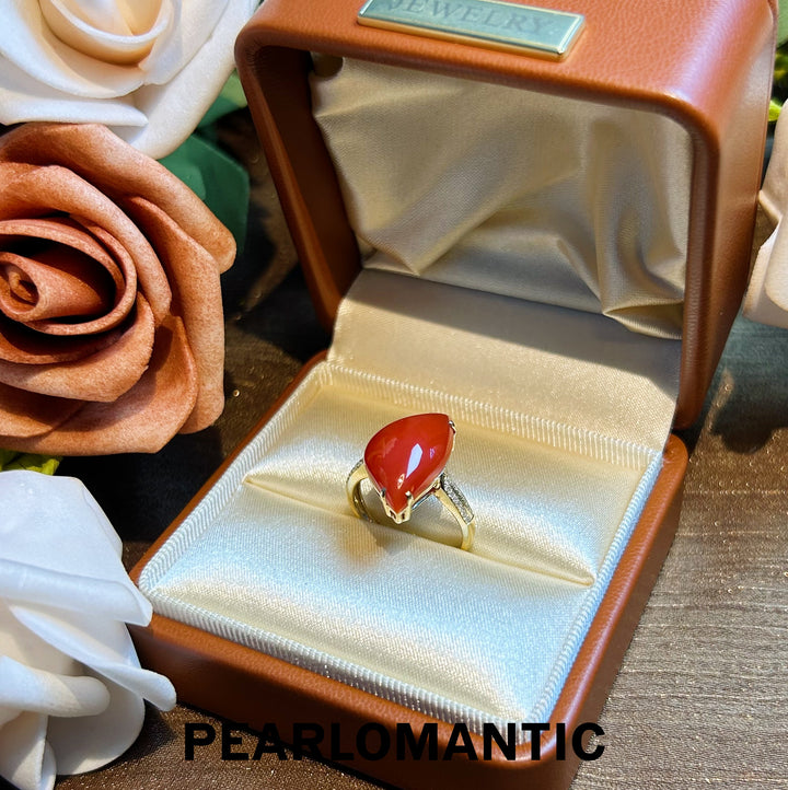 [Fine Jewelry] Red Coral Big Size 6.26ct Unique Design Ring w/ 14k Gold & Diamonds
