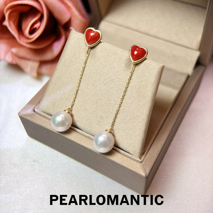 [Fine Jewelry] Red Heart Aka Coral &amp; Mirror-Luster Akoya Pearl 18K Earrings