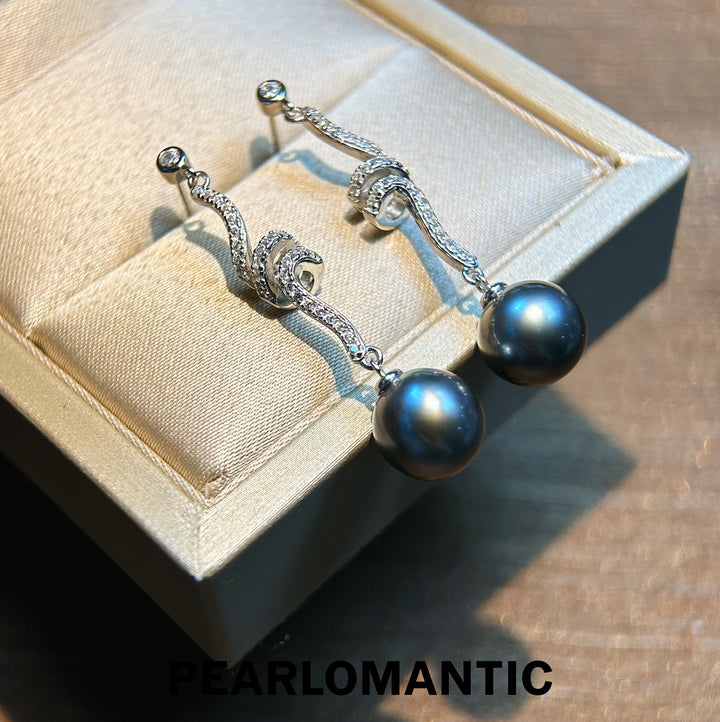 [Designer's Chioce] Tahitian Black Pearl Dazzling Curved Drop Earrings w/ S925 Silver