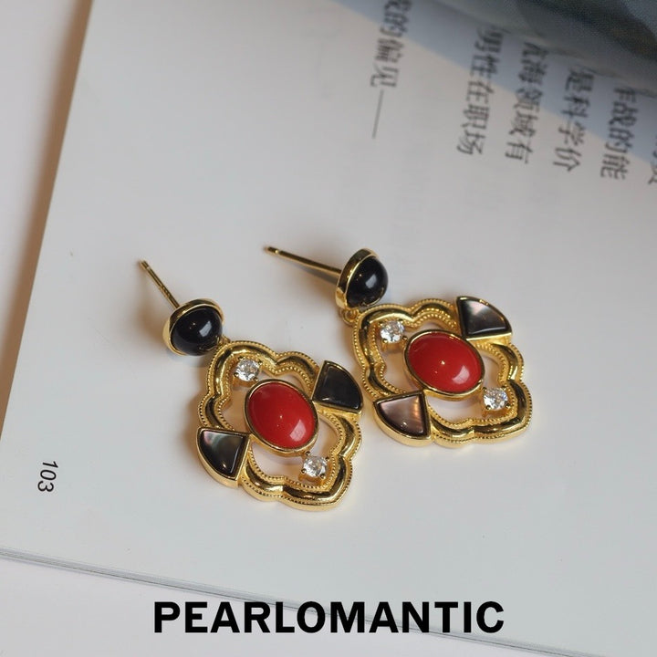 [Designer’s Choice] Coral Court Italian Coral Black Onyx MOP S925 Gold-Plated Earrings