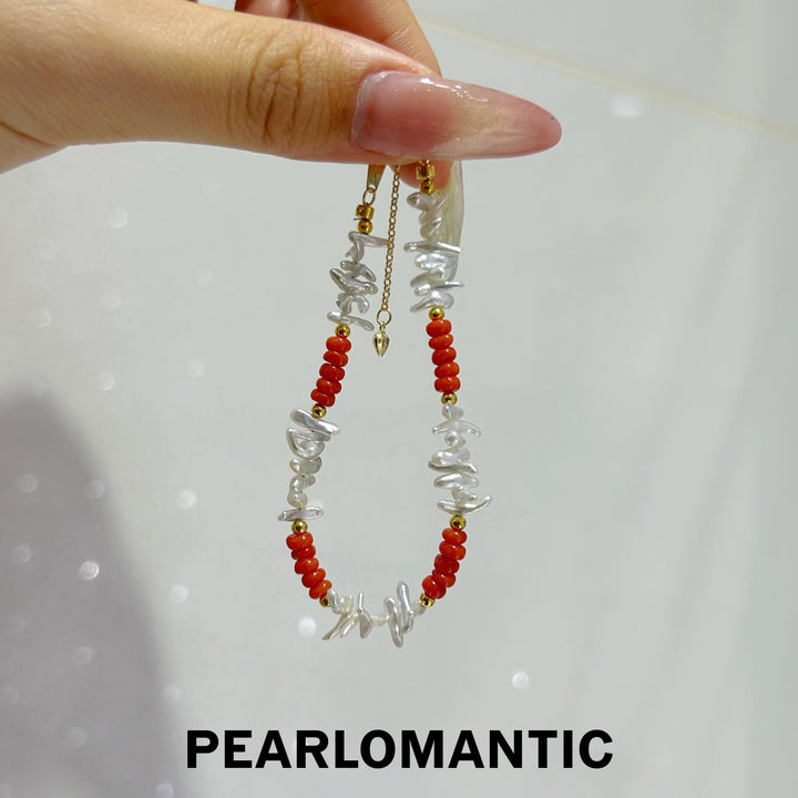 [618 Sale] Mabe Keshi Pearl &amp; Red Coral Fishbone Bracelet w/ S925 Silver
