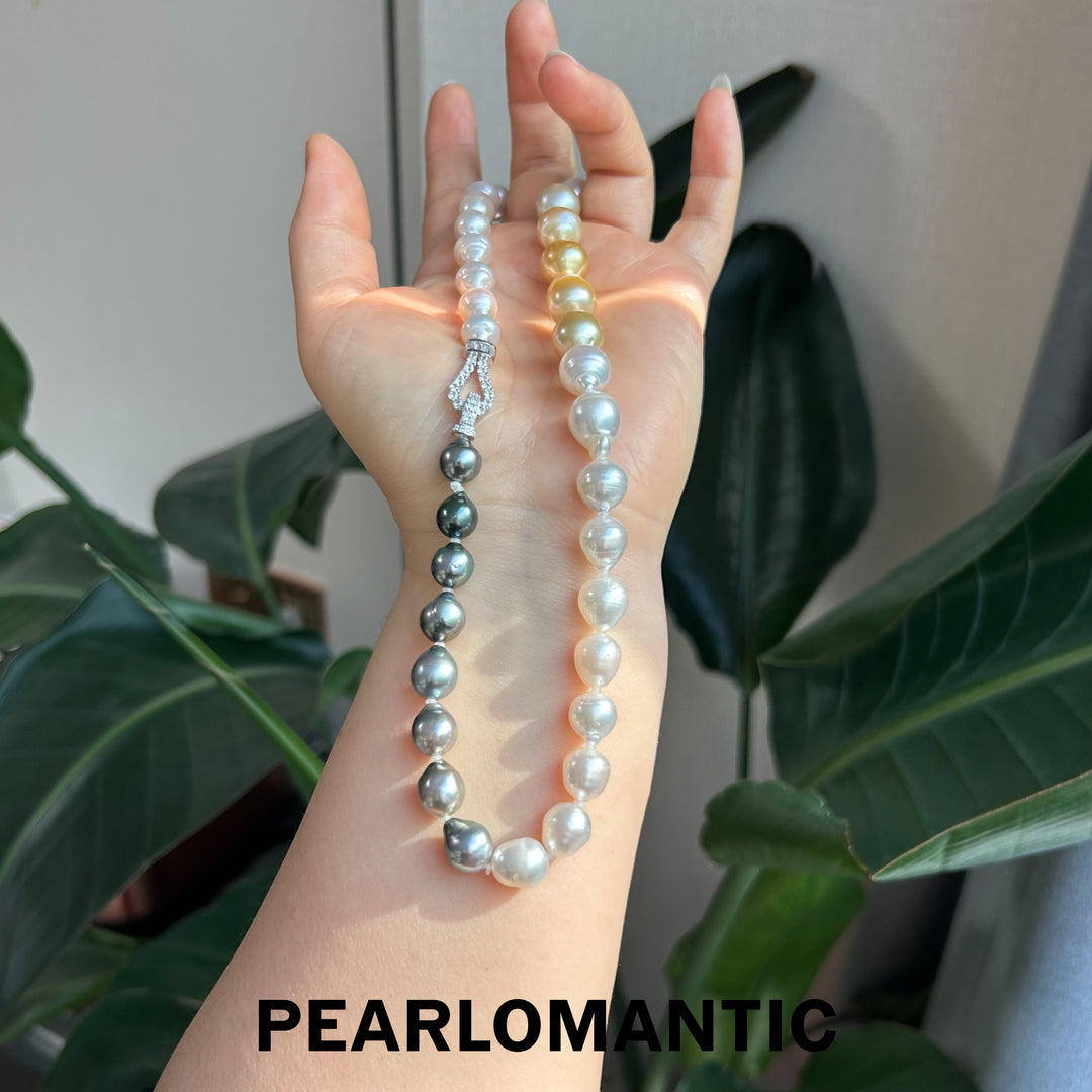 [Joyas finas] Collares clásicos de perlas barrocas de agua salada de triple tono con plata S925
