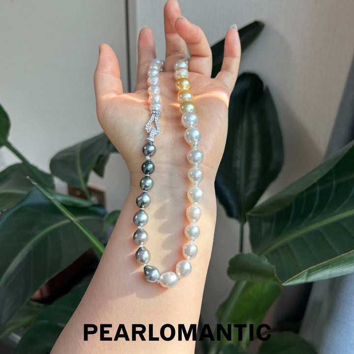 [Joyas finas] Collares clásicos de perlas barrocas de agua salada de triple tono con plata S925