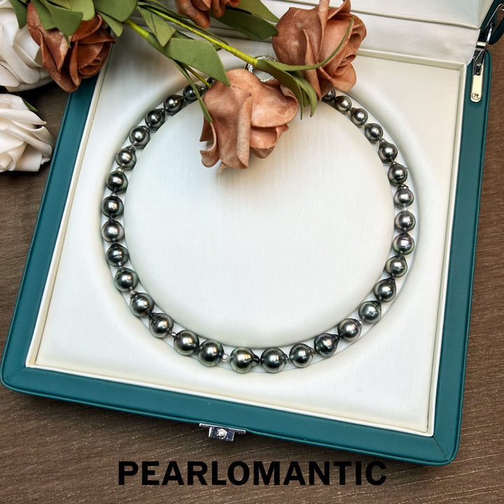 [New Year] Tahitian Black Baroque Pearl 9-11mm Green Color Classic Necklaces w/ S925