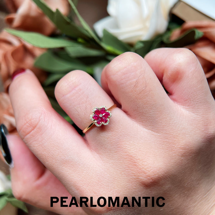 [Fine Jewelry] 18k Gold Ruby Floral Versatile Beauty Ring with Sparkling Diamonds