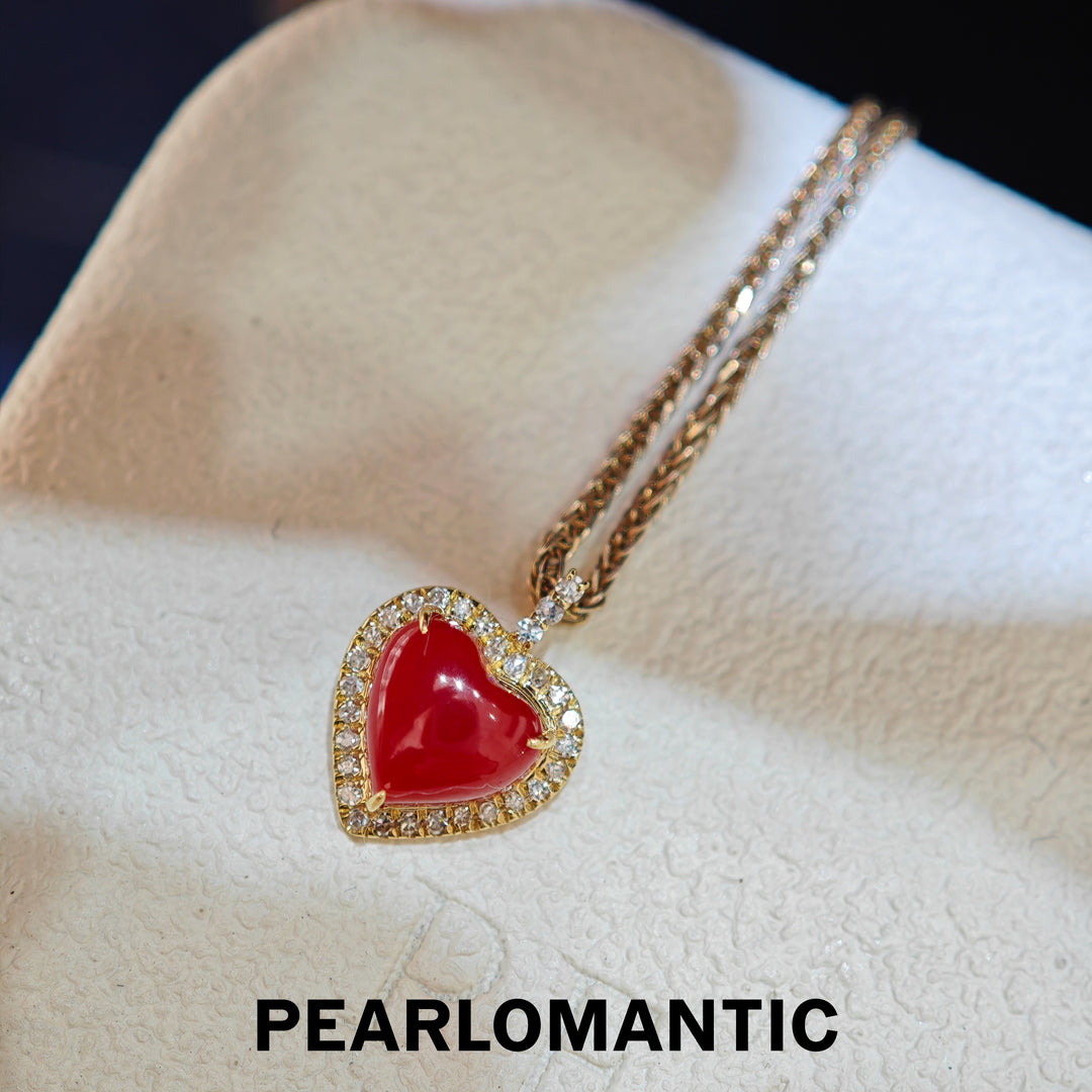 [Joyas finas] Colgante de oro de 18k con corazón de coral AKA y diamante "Llama Eterna"