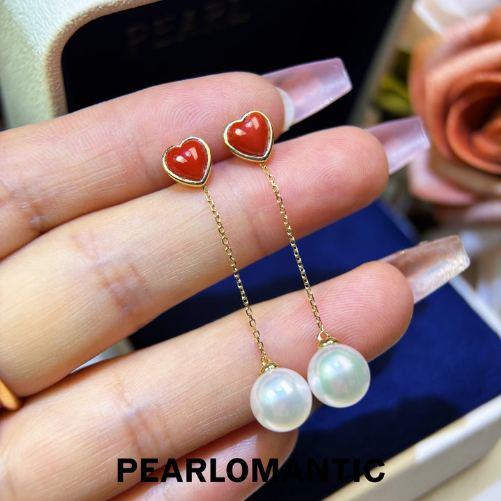 [Fine Jewelry] Red Heart Aka Coral &amp; Mirror-Luster Akoya Pearl 18K Earrings