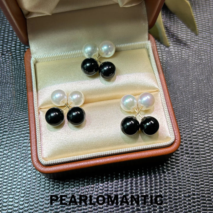[Joyas finas] Pendientes únicos de oro de 18 quilates con ágata negra de 8 mm y perlas Akoya Noir &amp; Blanc