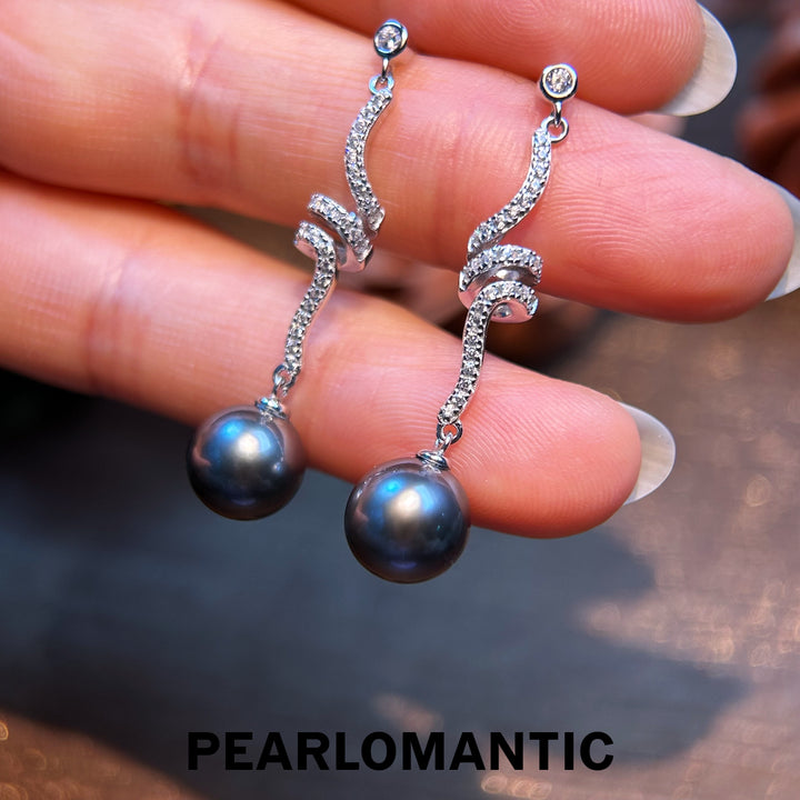 [Designer's Chioce] Tahitian Black Pearl Dazzling Curved Drop Earrings w/ S925 Silver