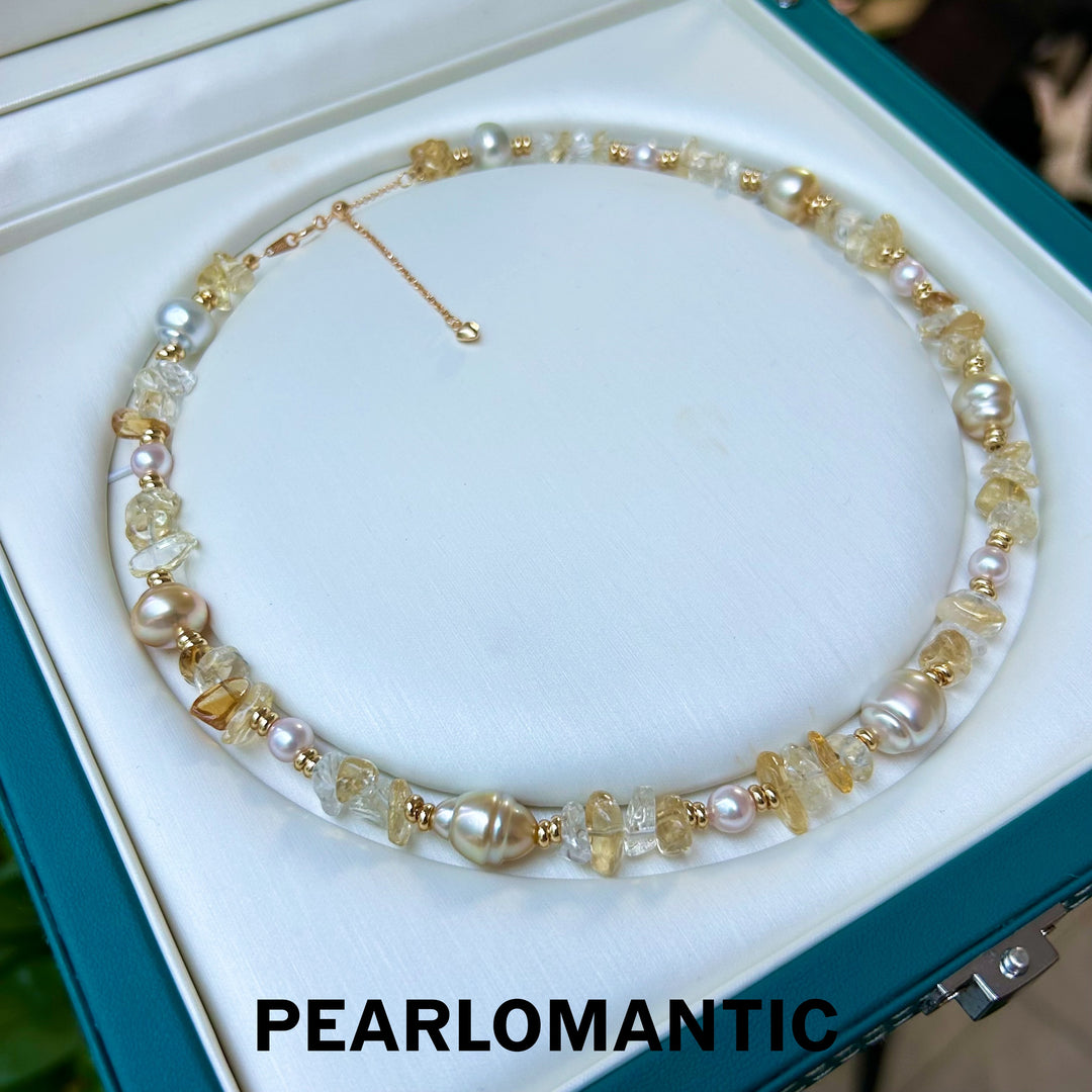 [Designer's Choice] Tri-Pearls One-of-Kind Golden Sunlight Adjustable Necklace w/ Silver