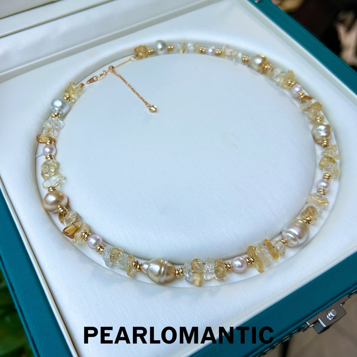 [Designer's Choice] Tri-Pearls One-of-Kind Golden Sunlight Adjustable Necklace w/ Silver