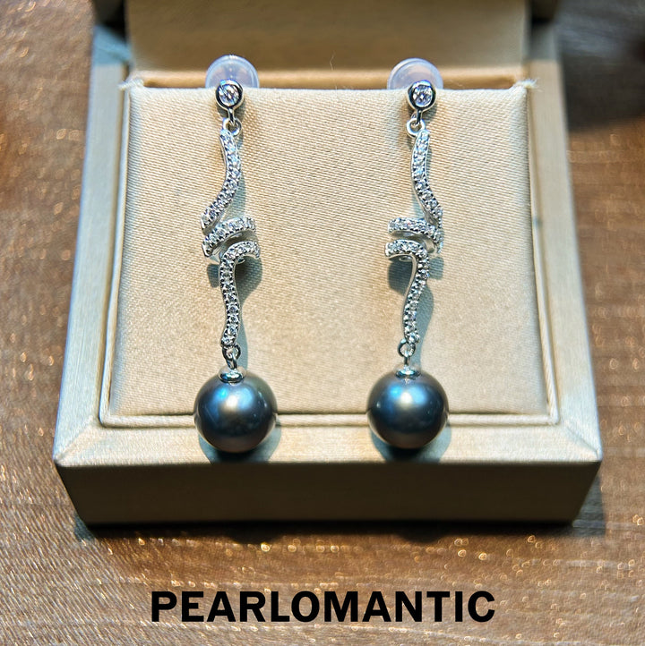 [Designer's Chioce] Tahitian Black Pearl Dazzling Curved Drop Earrings w/ S925 Silver