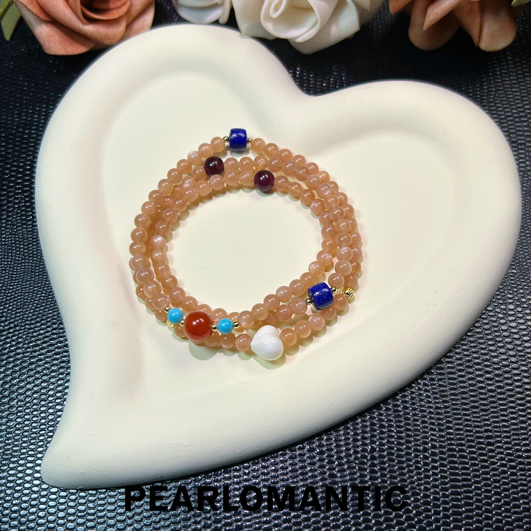[Elección del diseñador] Pulsera multivuelta de ágata roja y cristal con brillo de atardecer único