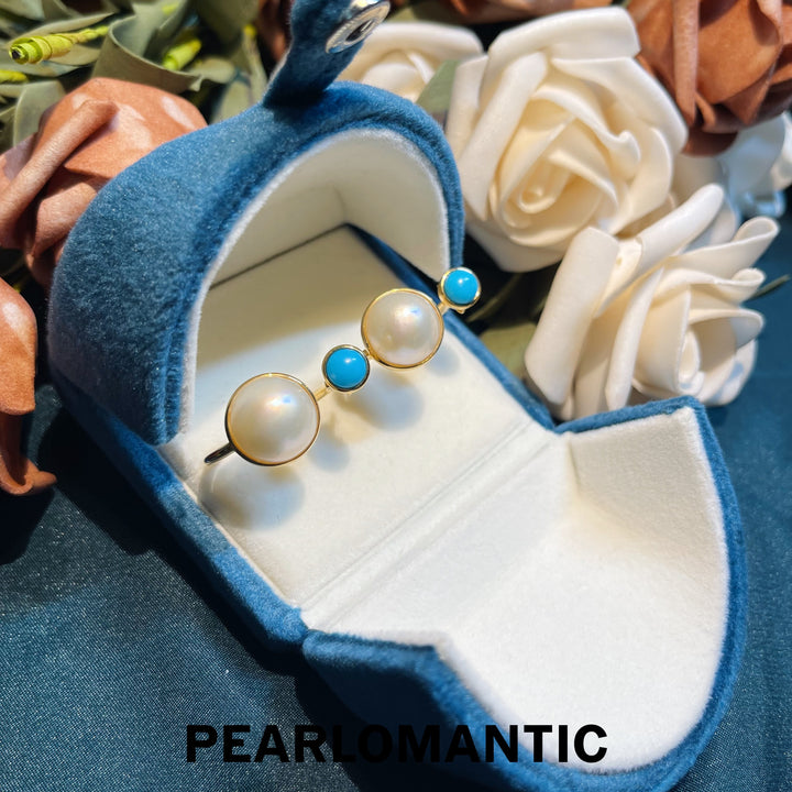 [Designer's Choice] Ocean Split Mabe Pearl Meets Turquoise Earrings & Rings Silver w/ Gold
