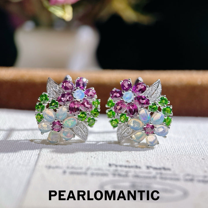 [Designer’s Choice] Antique Bloom Garnet Diopside &amp; Opal Floral Earrings