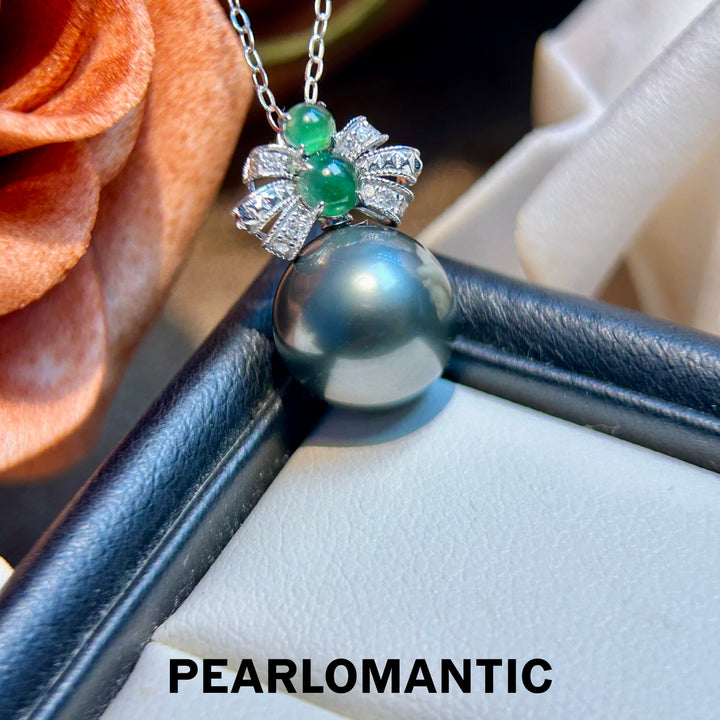 [Fine Jewelry] Lustrous Tahitian Pearl Pendant with Jade - 18k Gold Bow Accent Pendants