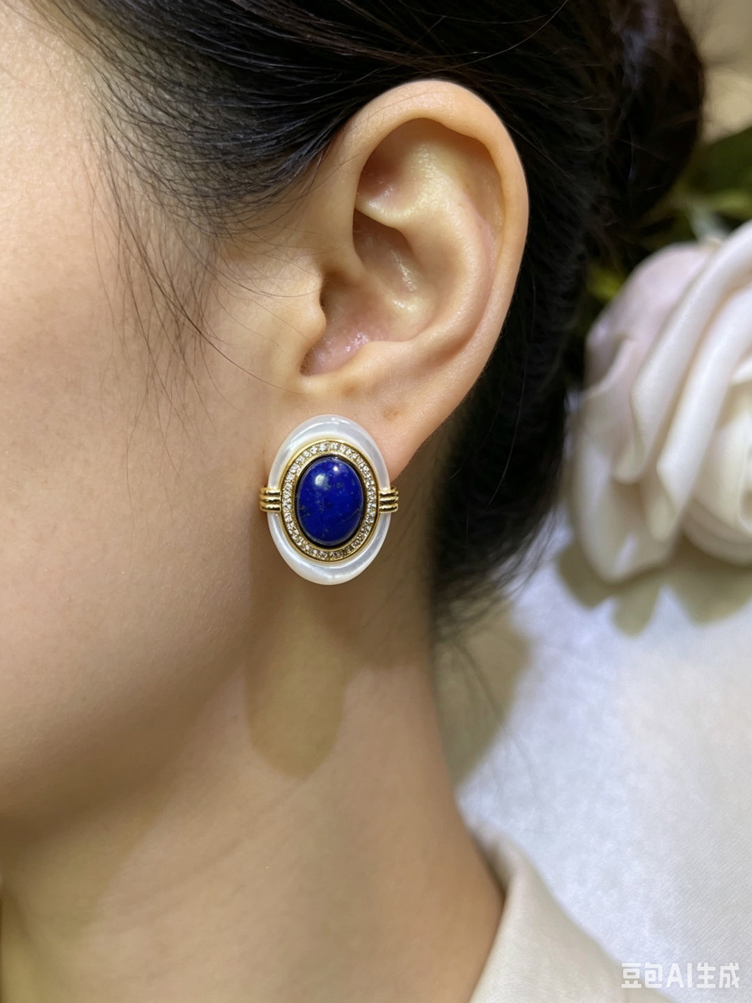 [618 Sale] Royal Blue Lapis MOP Oval Halo Earrings w/ S925 Silver
