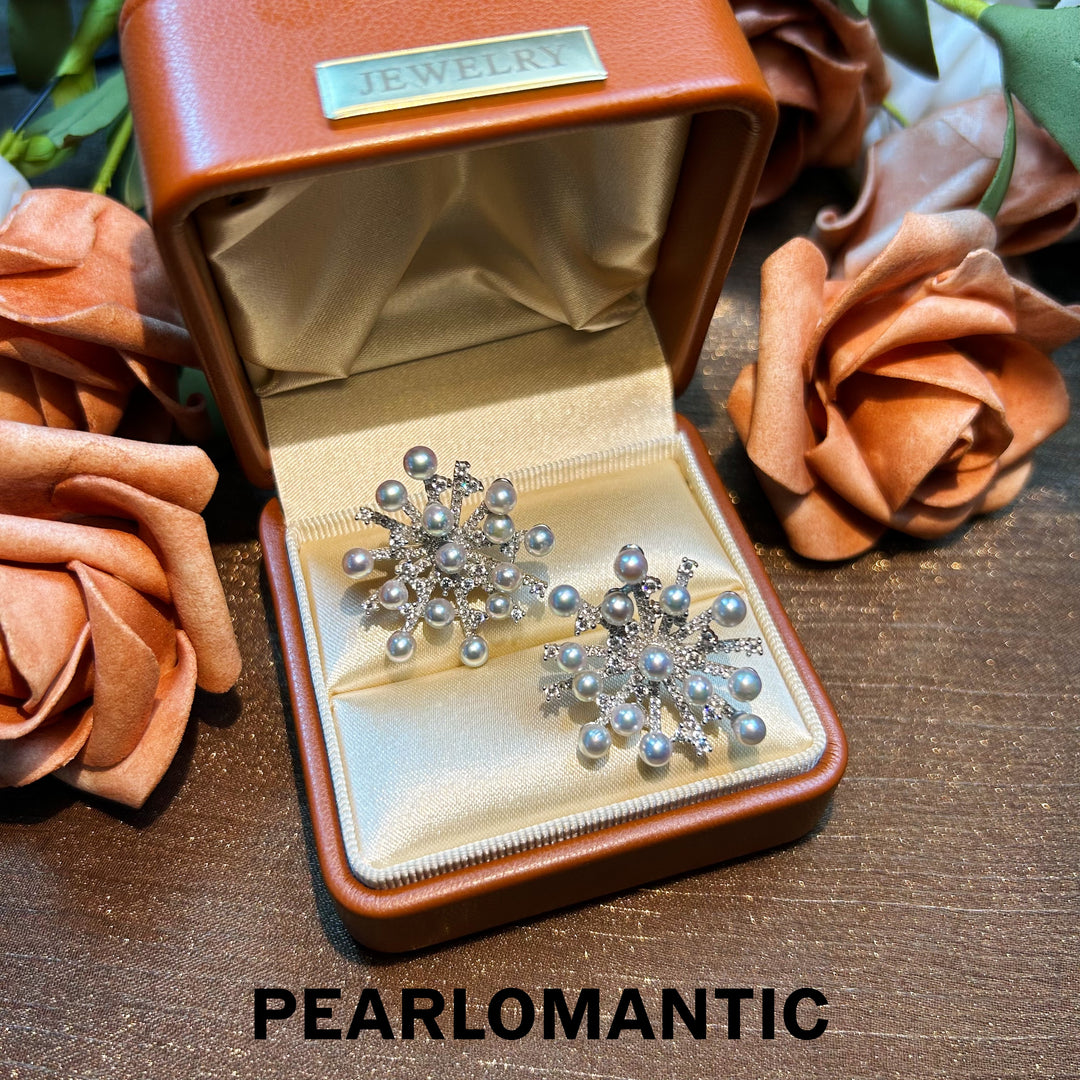 [Everyday Essentials] Akoya Pearl Silver Blue Snowflake Fireworks Earring Studs