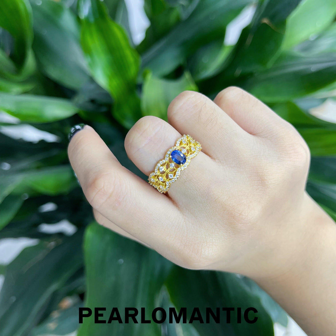 [Designer's Choice] Sapphire 0.6ct + Zircon Buccellati Style Adjustable Ring w/ S925 Gold Plated