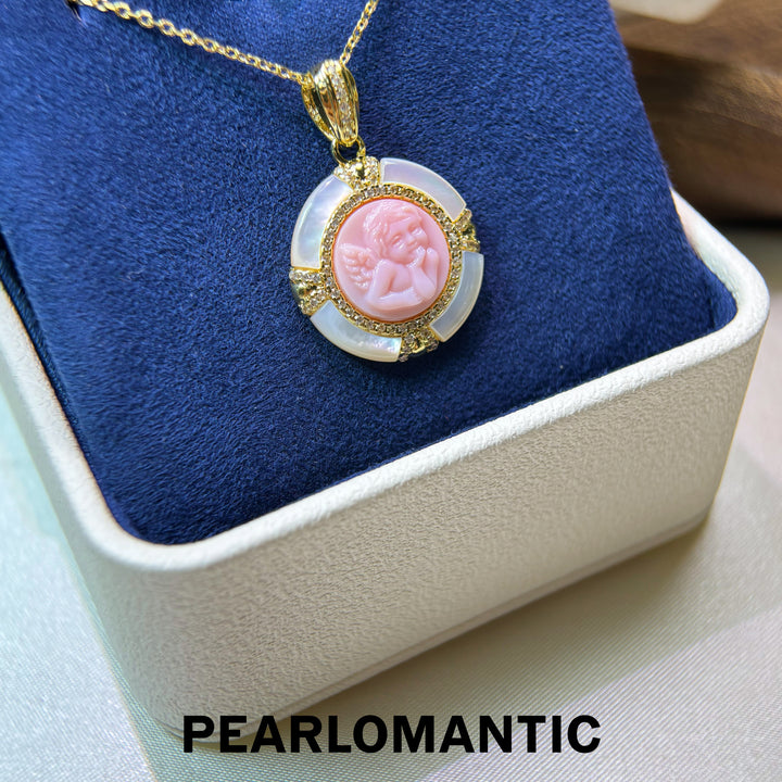 [Everyday Essentials] Angel Cameo Carved Conch Shell &amp; MOP Gold-Plated Pendant