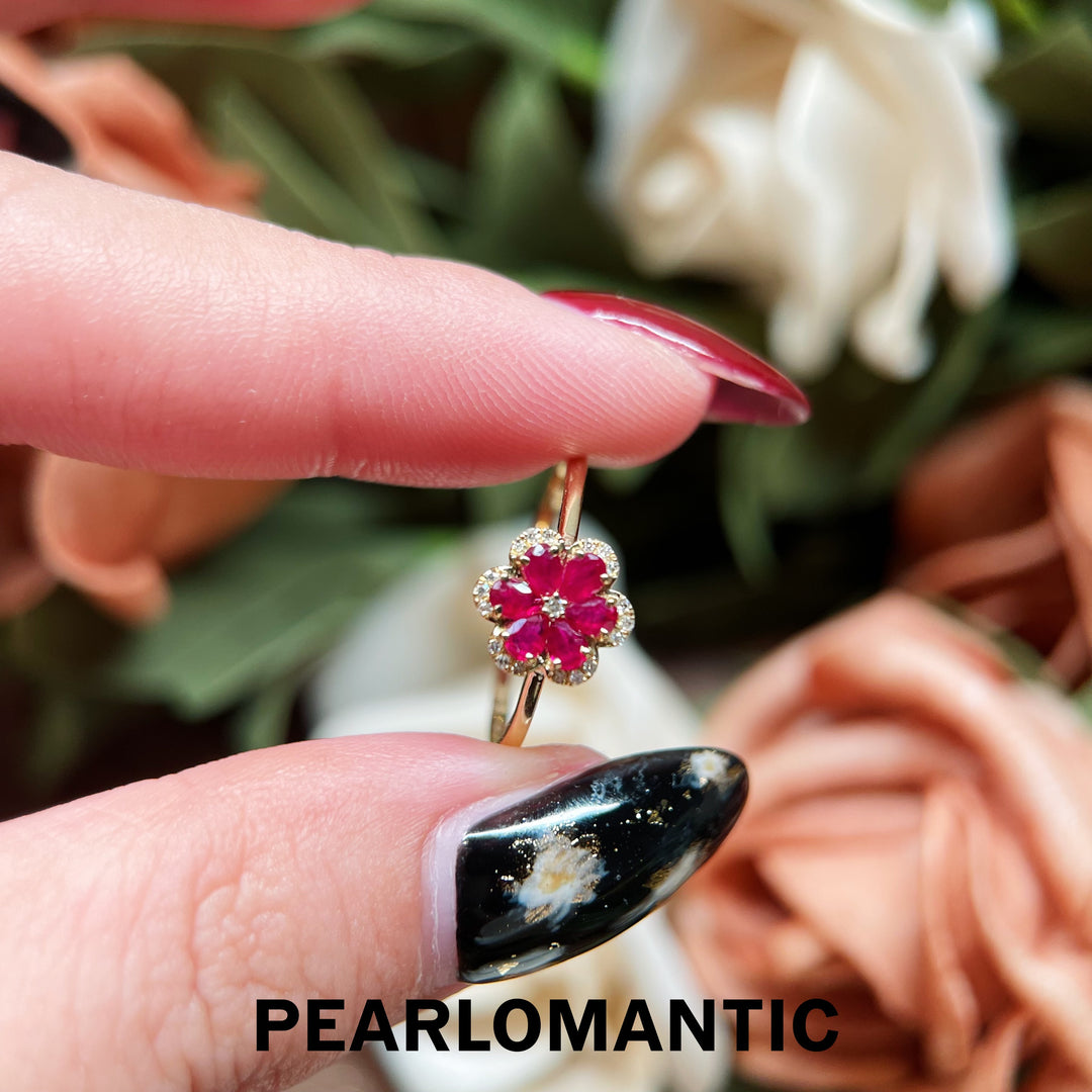[Fine Jewelry] 18k Gold Ruby Floral Versatile Beauty Ring with Sparkling Diamonds