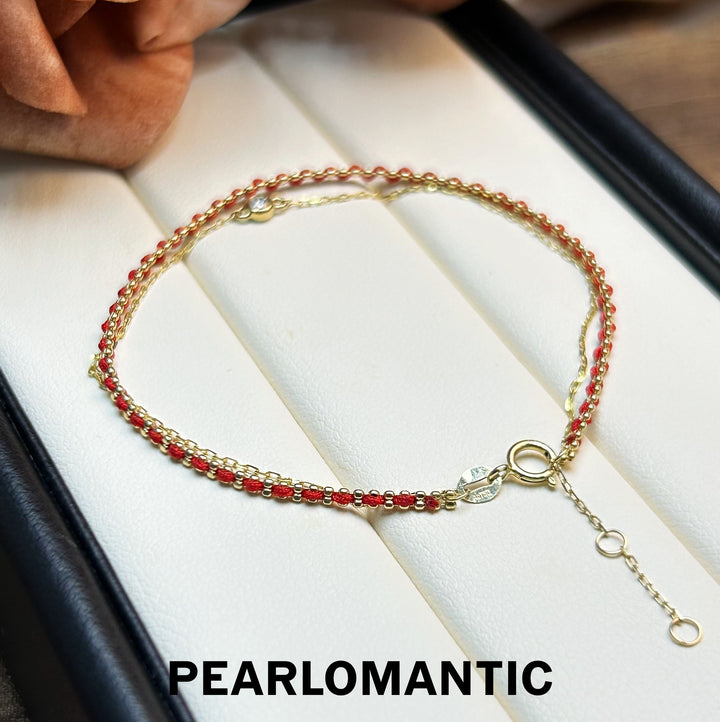 [Xmas] Diamonds & 18k Gold Woven Red String Bracelets 14.5+2cm