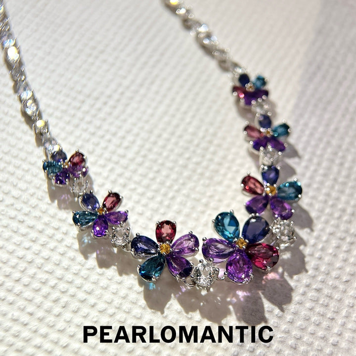 [Designer’s Choice] Rainbow Garden Natural Multi-Gemstone Floral Necklace in S925 Silver
