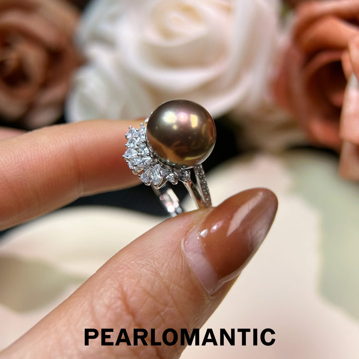 [Elección del diseñador] Anillo de perlas metálicas raras de emperatriz de bronce único de 12.4 mm con plata S925