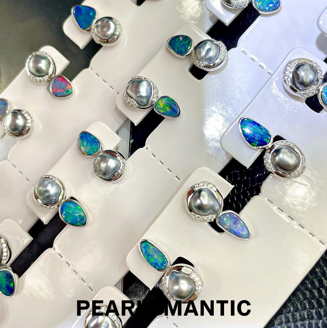 [Designer's Choice] Australian Opal Teardrop & Tahitian Keshi Pearl S925 Artisan Earrings