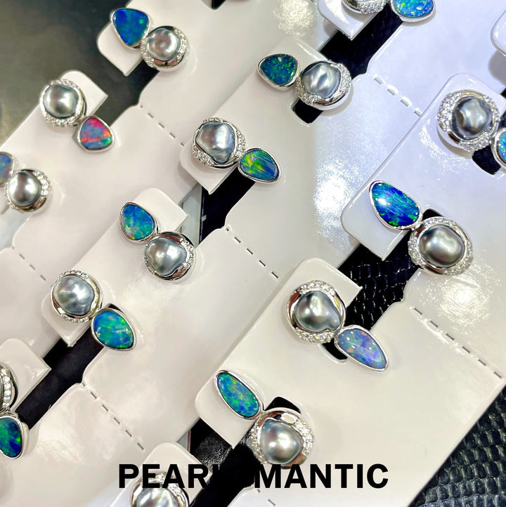 [Designer's Choice] Australian Opal Teardrop & Tahitian Keshi Pearl S925 Artisan Earrings