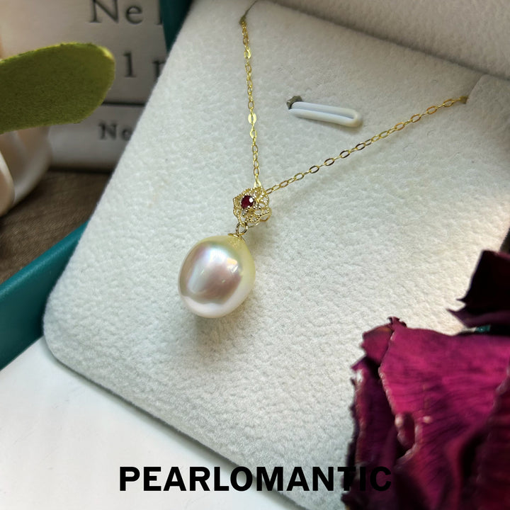 [Fine Jewelry] 18k Gold & Ruby Pendant w/ Australian White Pearl 10-11mm Dusty Rose