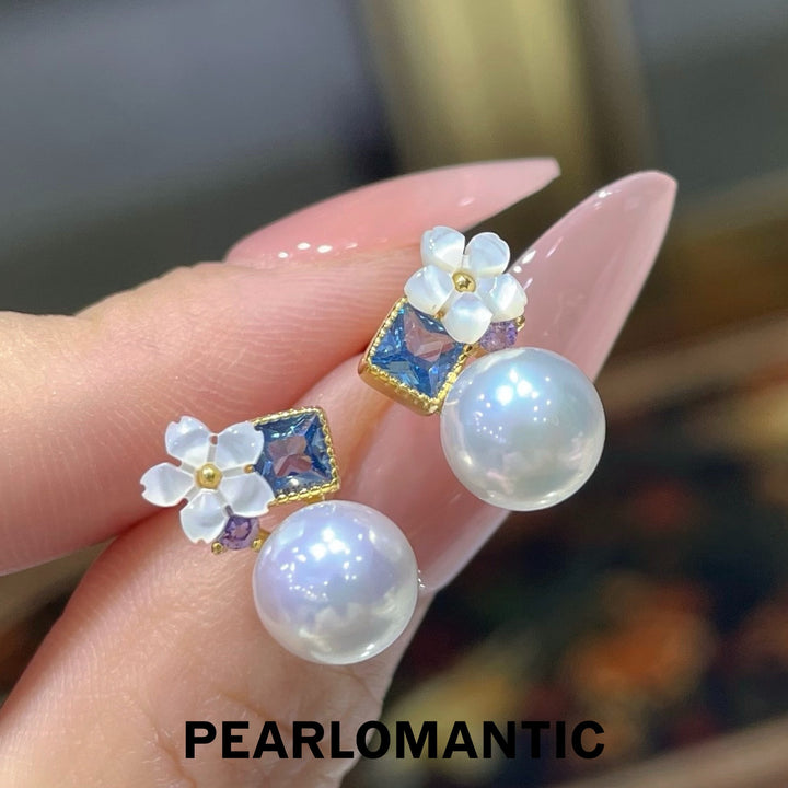 [Designer’s Choice] Blue Blossom Freshwater Pearl &amp; Akoya Madama Stud Earrings