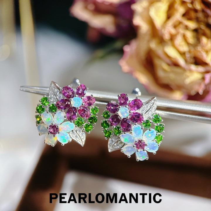 [Designer’s Choice] Antique Bloom Garnet Diopside &amp; Opal Floral Earrings