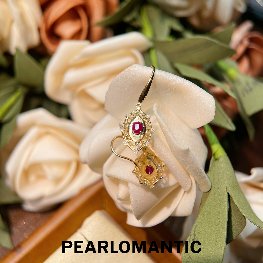 [Fine Jewelry] 18k Gold & Ruby & Diamonds Vintage Filigree Drop Earrings