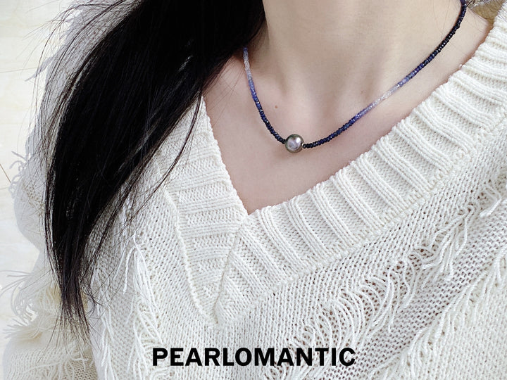 [Designer's Choice] Sapphire & Tahitian Black Pearl (4A+ Peacock Green) Adjustable Necklace