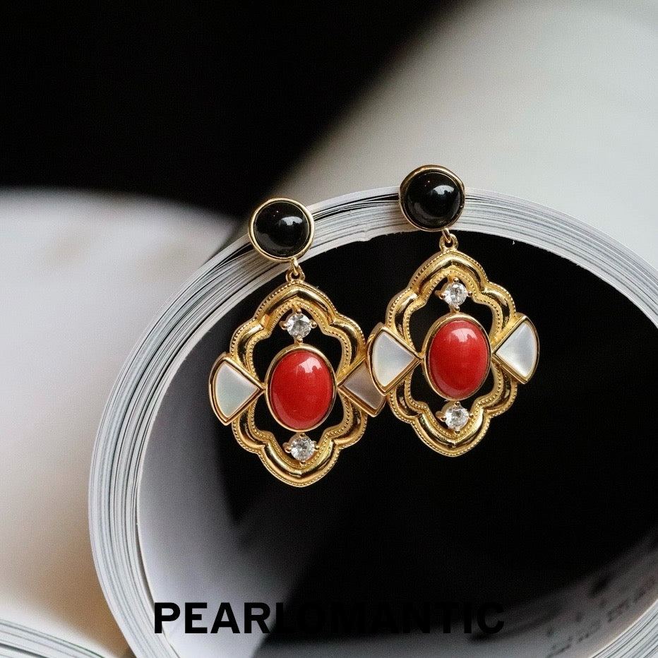 [Designer’s Choice] Coral Court Italian Coral Black Onyx MOP S925 Gold-Plated Earrings