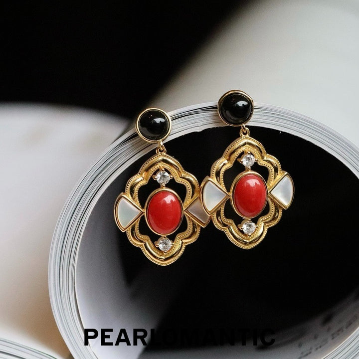 [Designer’s Choice] Coral Court Italian Coral Black Onyx MOP S925 Gold-Plated Earrings