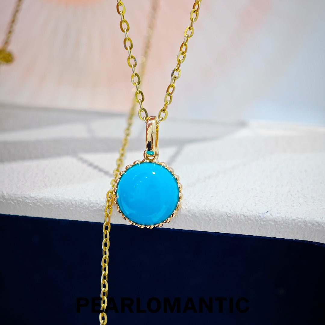 [618 Sale] 1.8ct American Turquoise Round Pendant w/ 18K Gold Clasp
