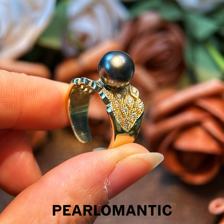 [Designer's Choice] Tahitian Black Pearl Vintage Engraved S925 Silver Adjustable Rings