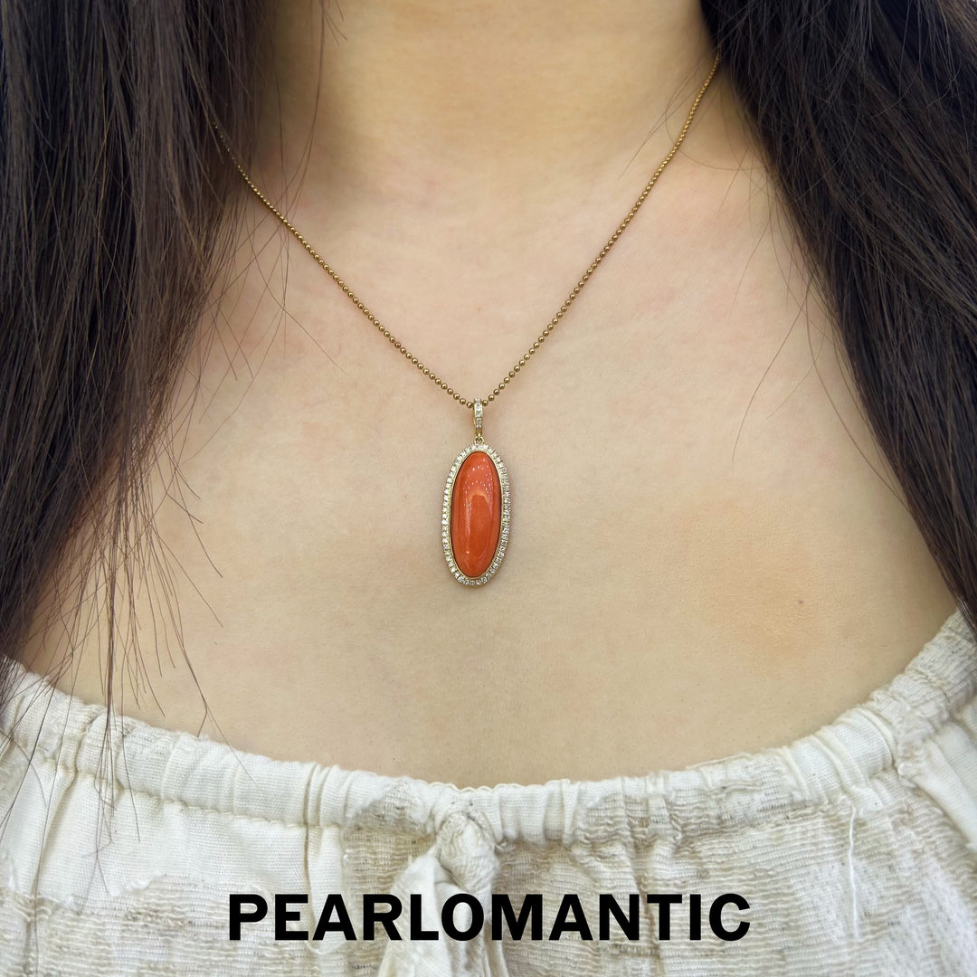 [Fine Jewelry] Pink Coral Big 7.95ct Oval Shape All-purpose Pendants w/ 14k Gold & Diamonds