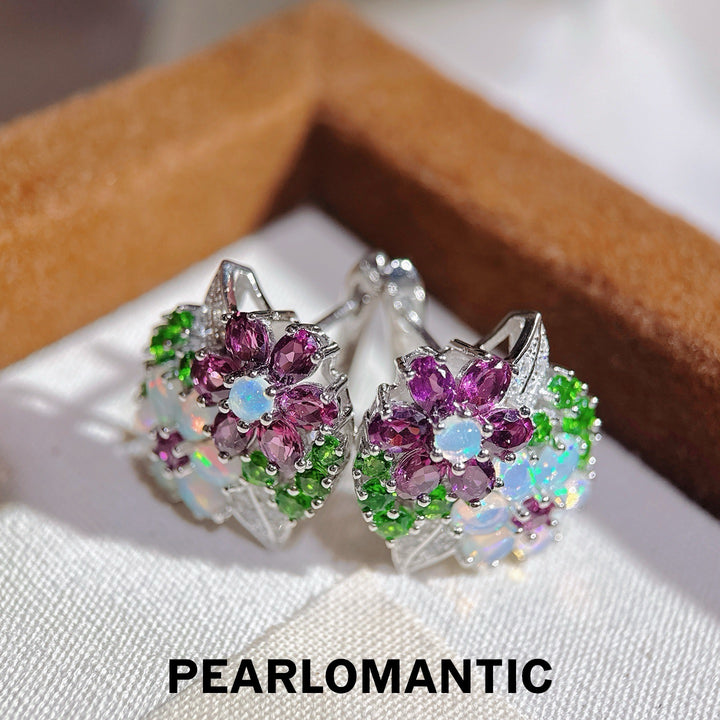 [Designer’s Choice] Antique Bloom Garnet Diopside &amp; Opal Floral Earrings