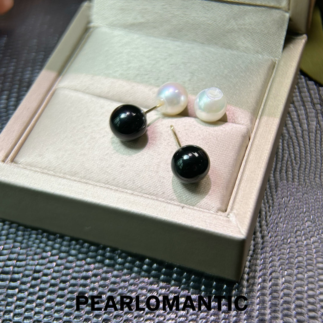 [Joyas finas] Pendientes únicos de oro de 18 quilates con ágata negra de 8 mm y perlas Akoya Noir &amp; Blanc
