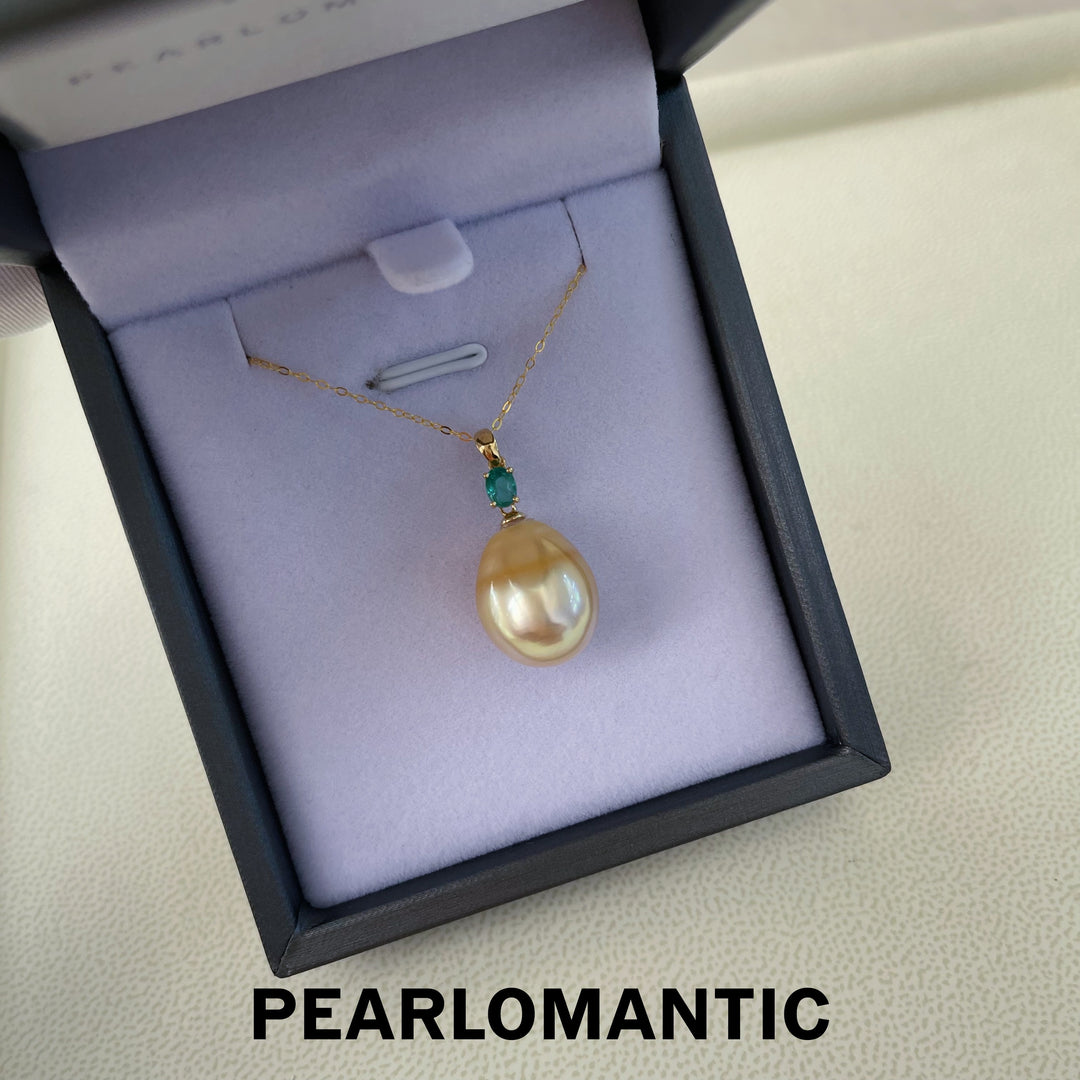 [Fine Jewelry] South Sea Golden Baroque Pearl 13-15mm w/ Emerald & 18k Gold