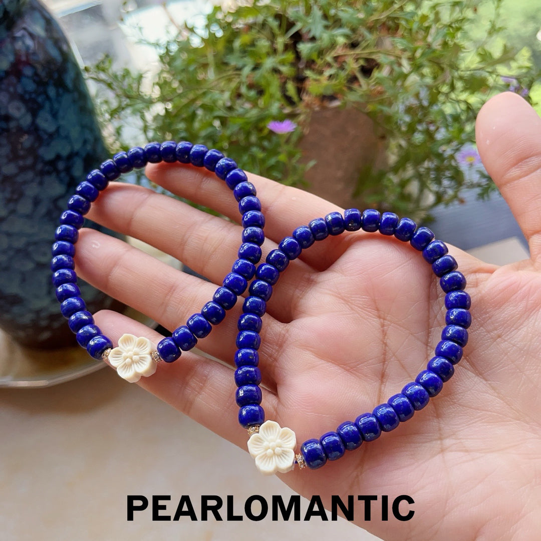 [618 Sale] 6–7mm Lapis Lazuli Bracelet w/ White Flower Accent