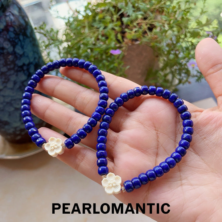 [618 Sale] 6–7mm Lapis Lazuli Bracelet w/ White Flower Accent