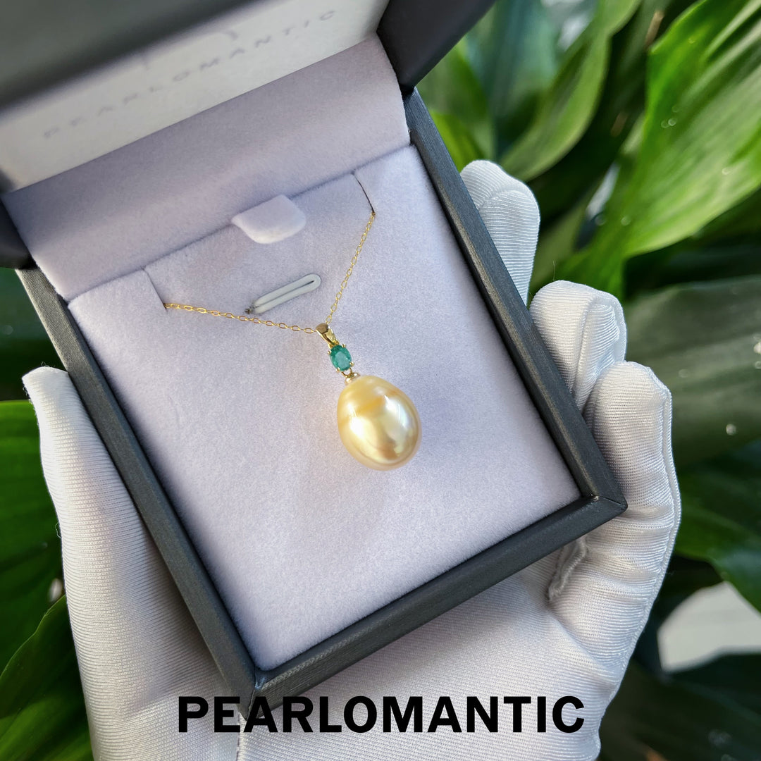 [Fine Jewelry] South Sea Golden Baroque Pearl 13-15mm w/ Emerald & 18k Gold