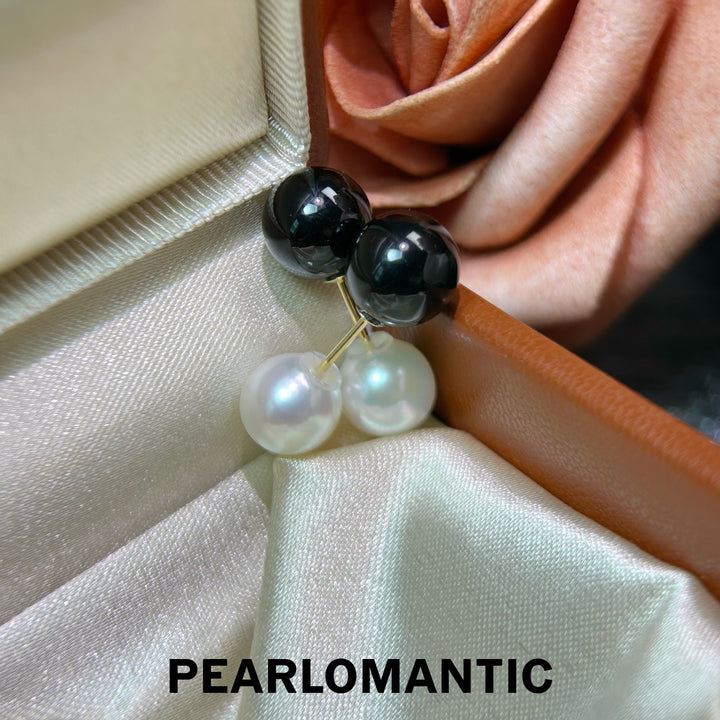 [Joyas finas] Pendientes únicos de oro de 18 quilates con ágata negra de 8 mm y perlas Akoya Noir &amp; Blanc