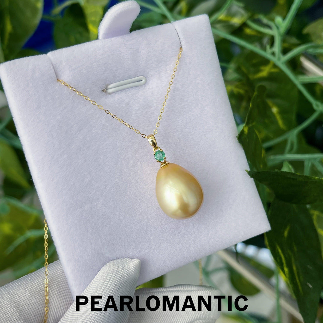 [Fine Jewelry] South Sea Golden Baroque Pearl 13-15mm w/ Emerald 0.1ct & 18k Gold