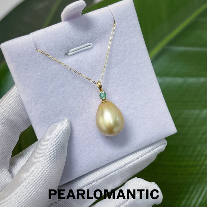 [Fine Jewelry] South Sea Golden Baroque Pearl 13-15mm w/ Emerald 0.1ct & 18k Gold